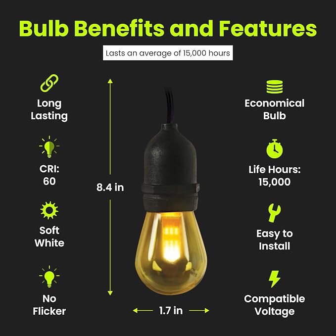 Feit Electric LED String Lights with Flame Bulbs Effect, 12ft Commercial Grade and Shatter Resistant String Lights, 6 Sockets, Linkable, 15,000-Hour Lifetime, SL12-6/FLAME, 7 Bulbs Included