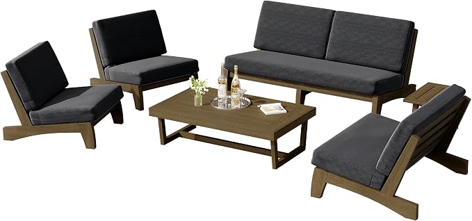 6 Piece Wood Outdoor Patio Frutnire Set, 7 Seater Patio Conversation Sets with Thick Cushions, Outdoor Sectional Furniture with Coffee Table - Dark Gray