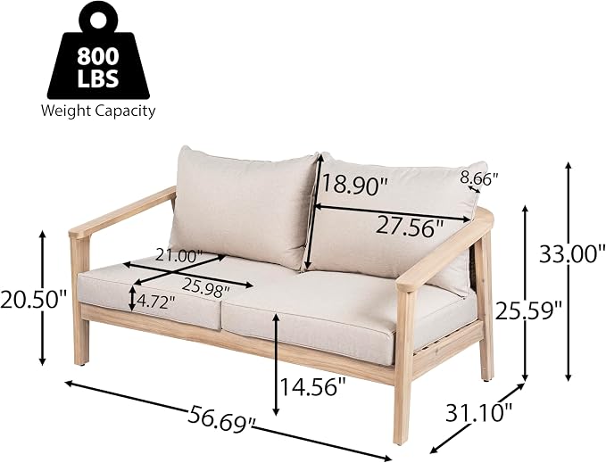 Merax 4 Piece Outdoor Wood and Wicker Chat Set, Light White Finish with Beige Cushion