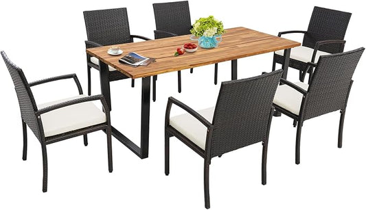 Tangkula 7 Piece Patio Rattan Dining Set, Outdoor Wicker Chair & Dining Table Set, Acacia Wood Tabletop w/Umbrella Hole, Seat Cushions Included, for Poolside, Backyard (7 PCS)