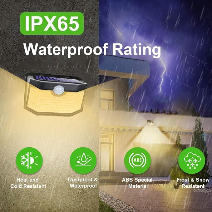 HMCITY 120 LED Solar Lights Outdoor Motion Sensor, 8 Pack, Black Warm | 3 Lighting Modes, IP65 Waterproof, Front Button Control, Wide Solar Wall Lights Ideal for Garden Patio Yard