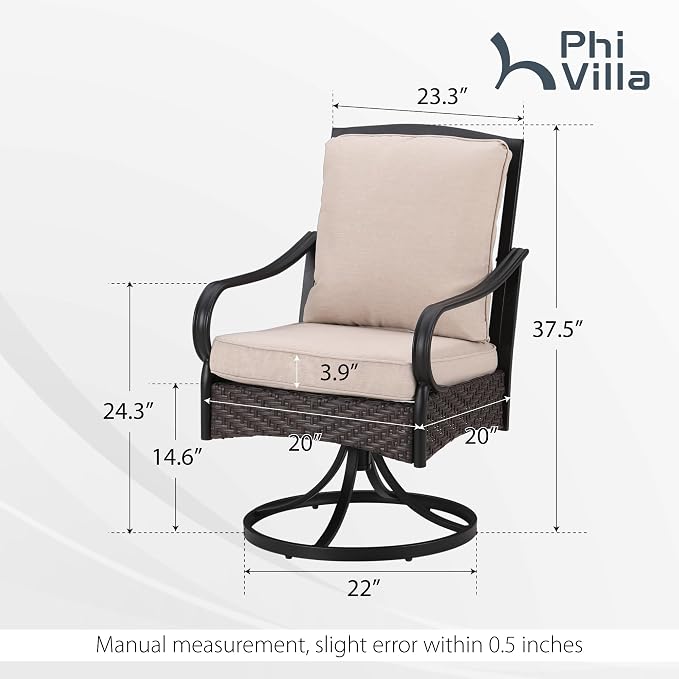 PHI VILLA Swivel Patio Dining Chairs Wicker Chairs Set of 2 with Cushions | Heavy Duty Outdoor Metal Wicker Dining Chair with Padded Cushions, Large All Weather Wrought Iron Patio Chair for Balcony