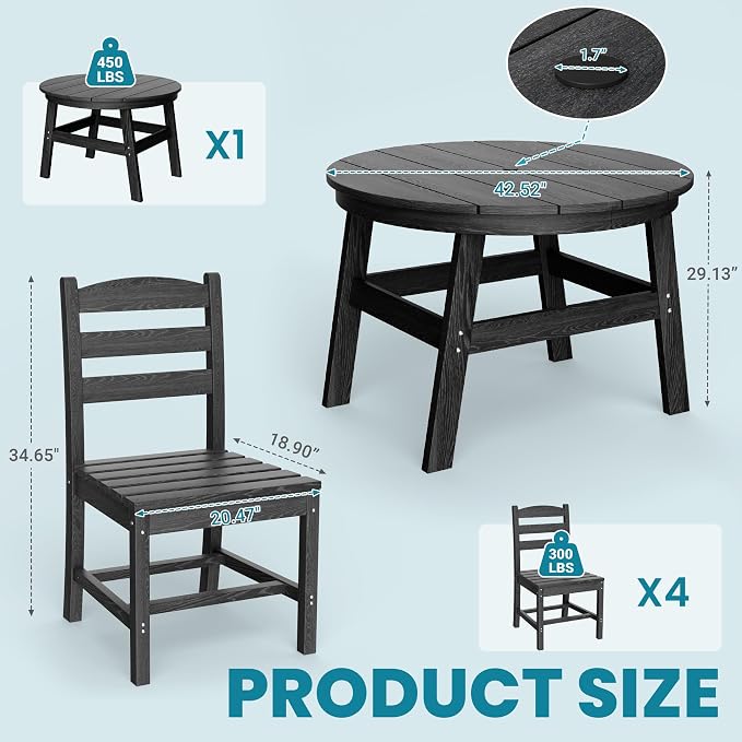 5 Piece Round Outdoor Dining Set, Relaxing HDPE Outdoor Table and Chairs with 105° Ergonomic Backrest, All-Weather Patio Table and Chairs Set with Umbrella Hole for Porch, Poolside, Black