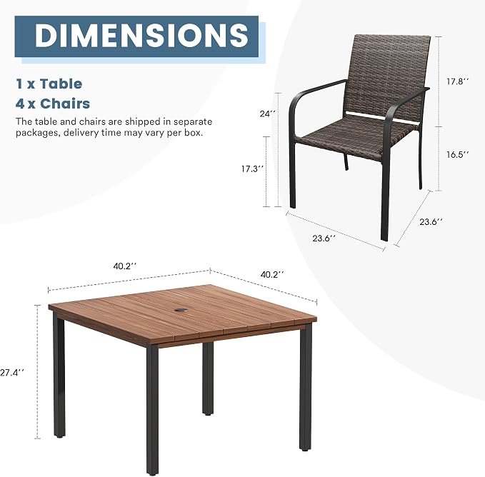 DIFY 5 Piece Outdoor Dining Set for 4, 40.2" Walnut Square Metal Dining Table with Umbrella Hole and Stackable Wicker Patio Chairs, All-Weather Patio Table and Chairs Set for Deck Garden Backyard