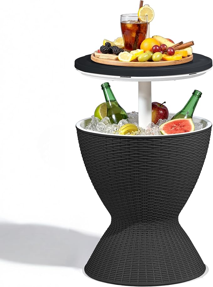 ROJIK 3-in-1 Resin Ice Bucket & Beverage Cooler – Wood Look Patio Table, UV Protection & Drain Plug for Outdoor Parties, Bars, and Poolside Use