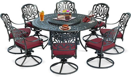 9-Piece Patio Cast Aluminum Dining Set for 8, Outdoor Dining Furniture Set, Includes 8 Cushioned Chairs and 61" Large Round Dining Table with 31" Lazy Susan, Umbrella Hole, Red
