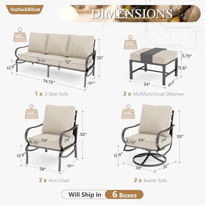 Sophia & William Patio Furniture Sets for 7 Outdoor Conversation Set 7 Pcs with 2 x Swivel Chairs, 2 x Armrest Sofa Chairs, 1 x 3-Seat Sofa, 2 x Ottomans for Coffee Garden Backyard Poolside Beige