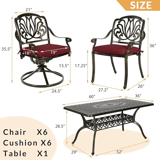 7-Piece Outdoor Patio Dining Set, 60” Rectangular Cast Aluminum Dining Table with Umbrella Hole and 4 Stationary, 2 Swivel Rocker Chairs, 6 Cushioned, Backyard, Patio, Garden, Red