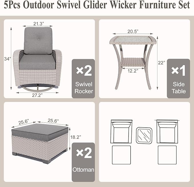 5-Piece Patio Furniture Set, Outdoor Swivel Rocking Chairs Set with Ottomans,All Weather Conversation Set for Porch Poolside Balcony,Gray