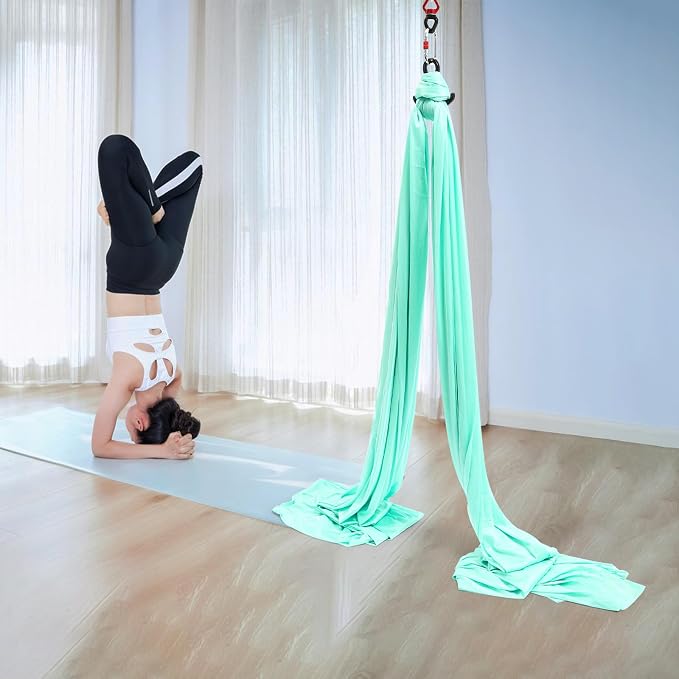 Aerial Yoga Hammock, Green, Polyester, 19.68x8.53 ft, Ceiling-Mounted, 440 lbs Capacity, with Carabiners and Extension Straps, for Yoga, Dance, Acrobatics
