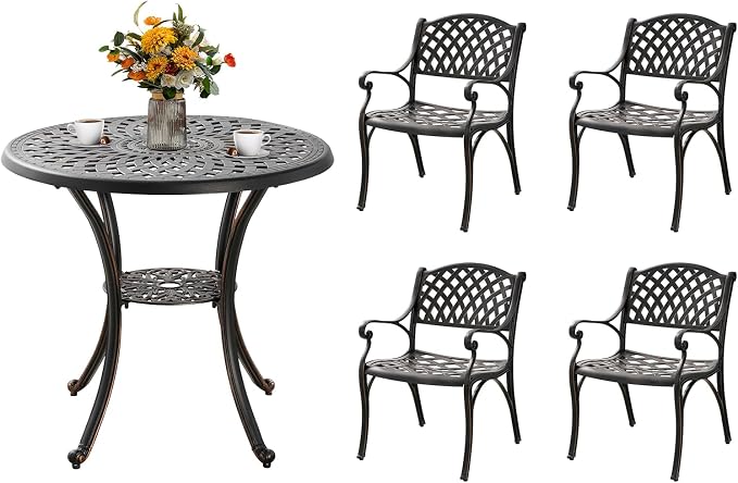 5 Piece Patio Dining Set, All Weather Cast Aluminum Outdoor Dining Table and Chairs Set of 4, Patio Furniture Conversation Set with 4 Chairs and 31" Round Table, 2.2" Umbrella Hole