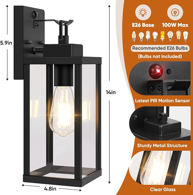 BesLowe 2-Pack 14” Upgraded Motion Sensor Outdoor Wall Lights, Black | Auto ON/OFF, 3 Lighting Modes, Waterproof, Rust-Resistant, Durable Metal & Clear Glass, Standard E26 Sockets, Easy to Install