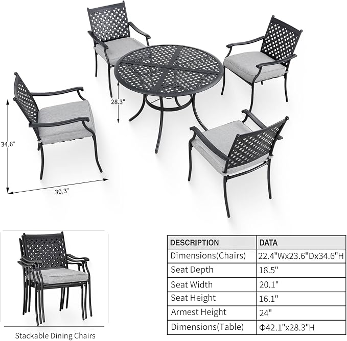 Patio Dining Set 5 Pieces Heavy-Duty Outdoor Round Dining Furniture Set Indoor Outdoor Dining Sets with 4 Stackable Chairs