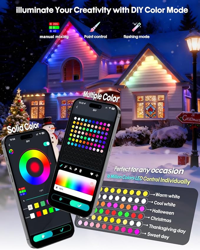 Super RGB Smart Permanent Outdoor Lights, 200FT 120LEDs Color Changing RGB IC Wall Lights, APP & Remote Control, Music Sync, Dynamic Lighting for House, Living Room, Ceiling, Eave Party Xmas Decor
