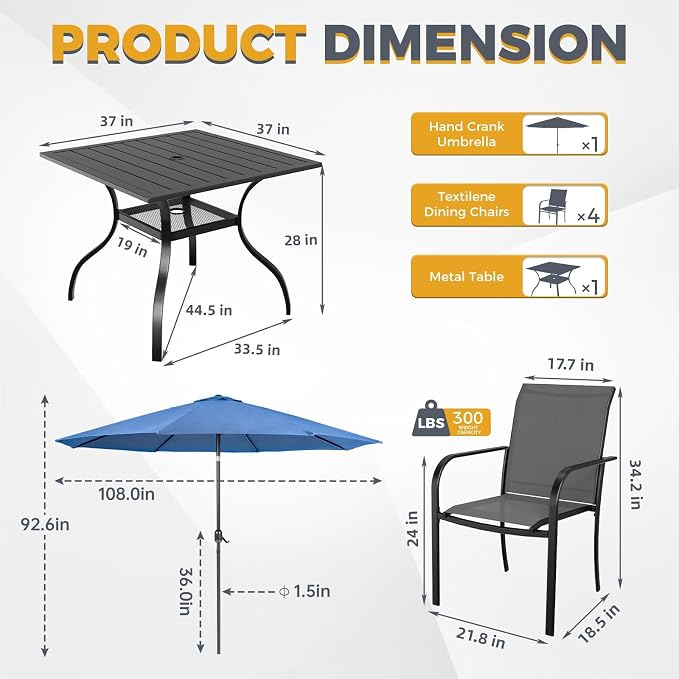 Crownland 5 Piece Patio Dining Set, Outdoor Textilene Dining Sets, 4 Textilene Metal Chairs and Square Outdoor Dining Table with Dark Blue 9FT Round Outdoor Umbrella (Grey)