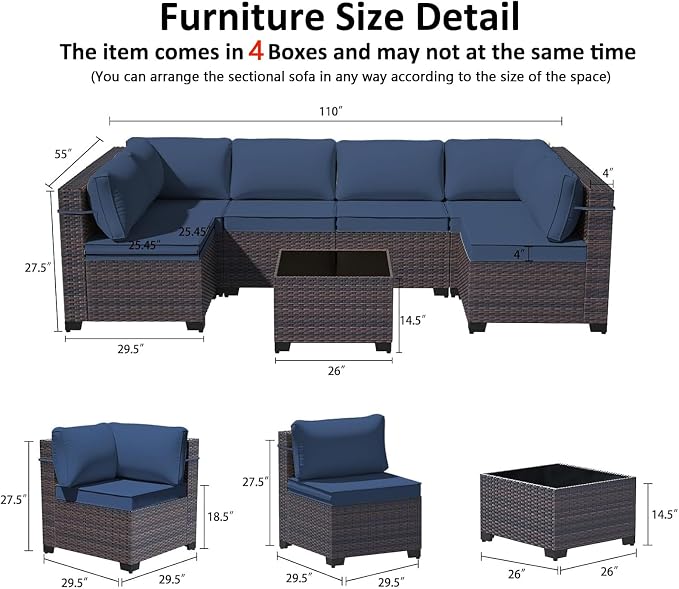 9 Pieces Outdoor Patio Furniture Set,Outdoor Sectional Furniture All Weather PE Rattan Wicker Patio Conversation Set with Coffee Table and 8 Thickened Cushions,Navy Blue