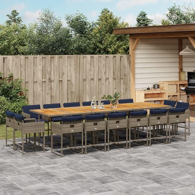 17 Piece Patio Dining Set with Cushions, Foldable PE Rattan Garden Table and 16 Chairs for Backyard and Outdoor Space, Grey