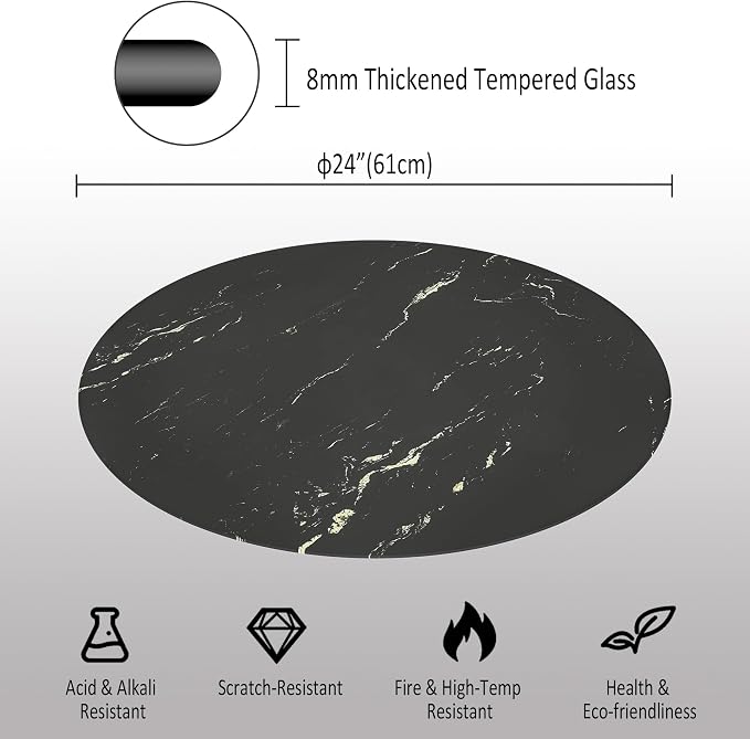 24" Round Tempered Glass Table Top, Marble Glass Surface Protector Heat & Scratch Resistant Multipurpose for Dining, Coffee, Restaurant, Office and End Table (Black Marble Pattern, 24 Inch)