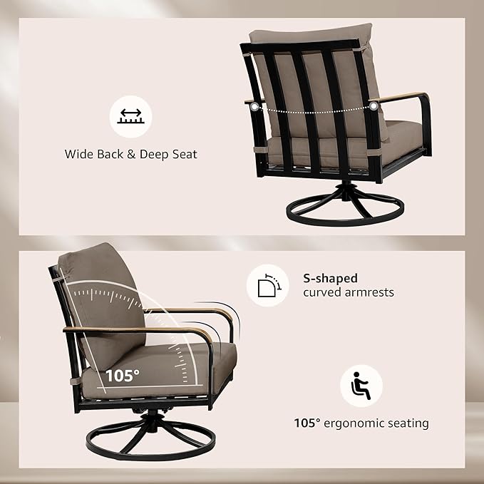 NATURAL EXPRESSIONS Patio Furniture Sets,Modern Metal Outdoor Conversation Sofa Set with 4 Pc High Back Swivel Rocking Chairs,Anti-Scald Armrest,Double-Deck Wooden-GrainTable, 6" Cushions for Balcony