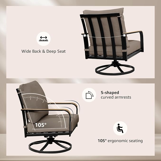 NATURAL EXPRESSIONS Patio Furniture Sets,4 Pieces Metal Outdoor Conversation Sofa Set with High Back Swivel Rocking Chairs with Anti-Scald Armrest,Double-Deck Wooden-Grain Table,6" Cushions for Yard