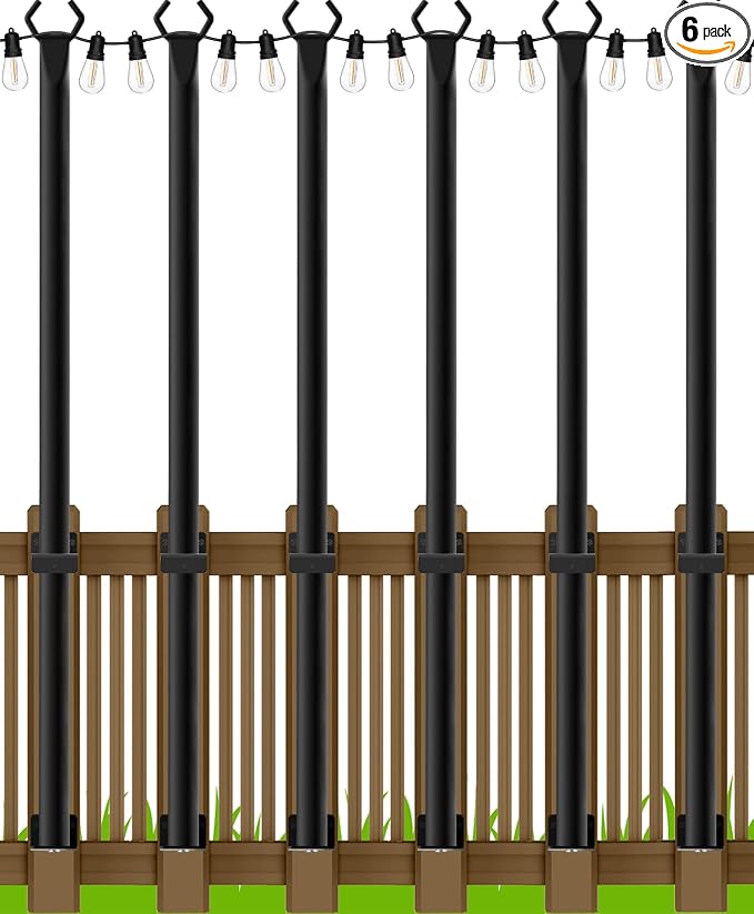 LETIANPAI 6 Pack String Light Poles,5 Ft Metal Poles with Fence Bracket for Outdoor String Lights,Outdoor Light Poles with Fork,Poles/Post/Stand for Outside