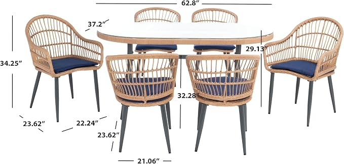 SAFAVIEH Outdoor Collection Genser Natural Rattan/Navy Blue Cushion 7-Piece Patio Backyard Dining Set
