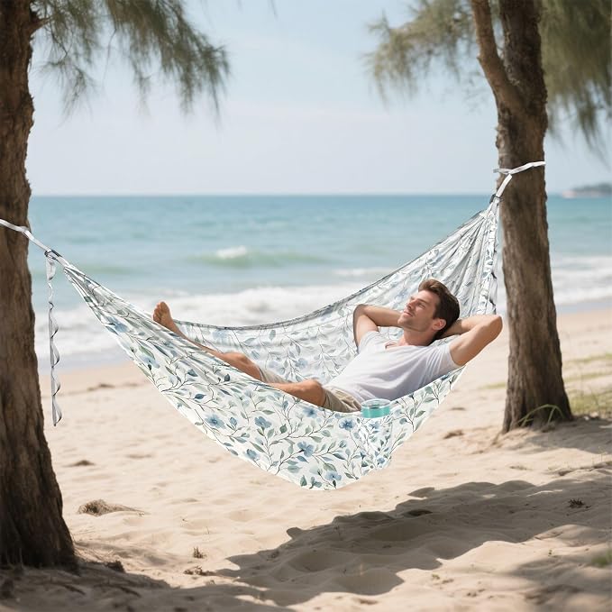 Camping Hammock Outdoor Hammocks for Outside Lightblue Flower Beach Trees Portable Lightweight with Pockets Tree Straps Indoor