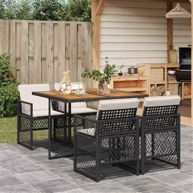 Afuera Living 5 Piece Patio Dining Set, UV-Protected Poly Rattan and Solid Acacia Wood, Black/Cream White, Foldable Chairs with Cushions, Modern Outdoor Furniture for Garden, Terrace, or Patio Use