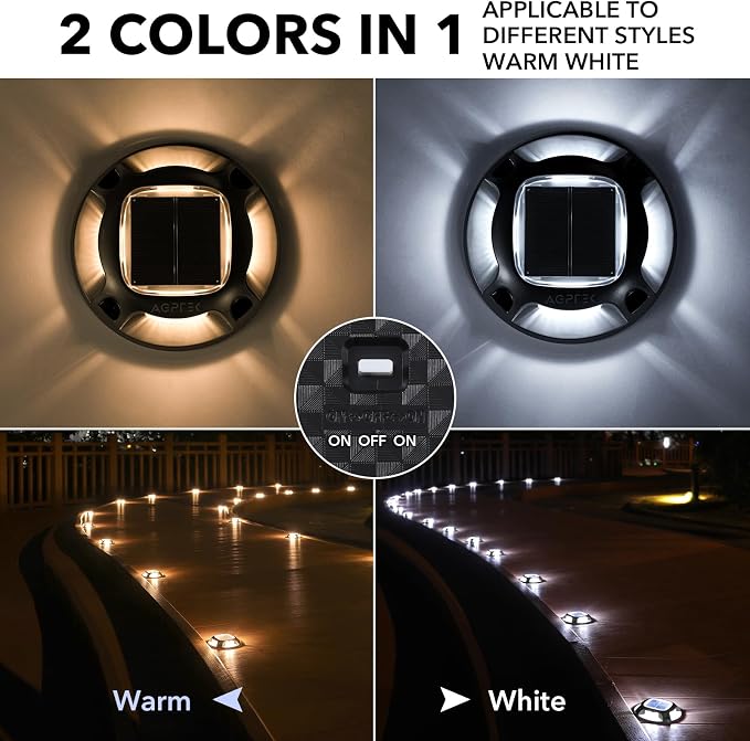 AGPTEK Solar Driveway Lights Outdoor 4 Pack, 2 Color Modes LED Deck Dock | Marine Waterproof Driveway Marker Lights for Step Sidewalk Stair Garden Pathway Walkway Yard (Warm White/Cool White, Black)