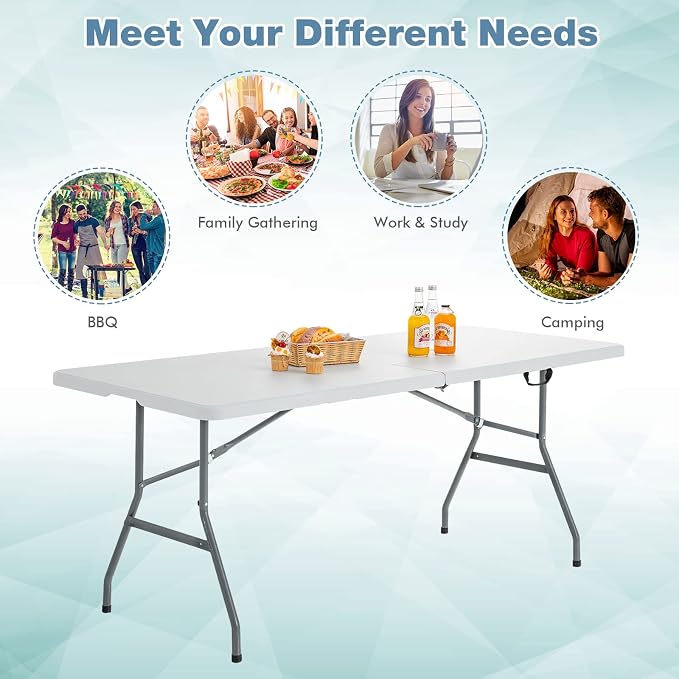 Nightcore White 6' Plastic HDPE Folding Table, Indoor Outdoor Utility Portable Picnic Party Dining Camp Rounded Corners & Handle, Off White