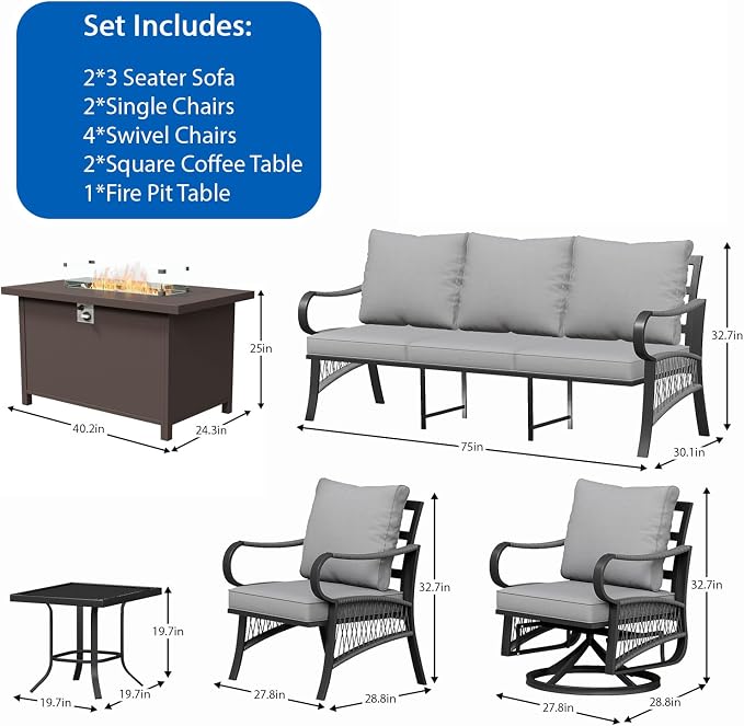 11 Piece Patio Furniture Set, All Weather Metal Outdoor Conversation Set with 50000 BTU Propane Fire Pit Table and 5" Thick Cushions, Sectional Sofa for Garden, Porch, Lawn, Grey