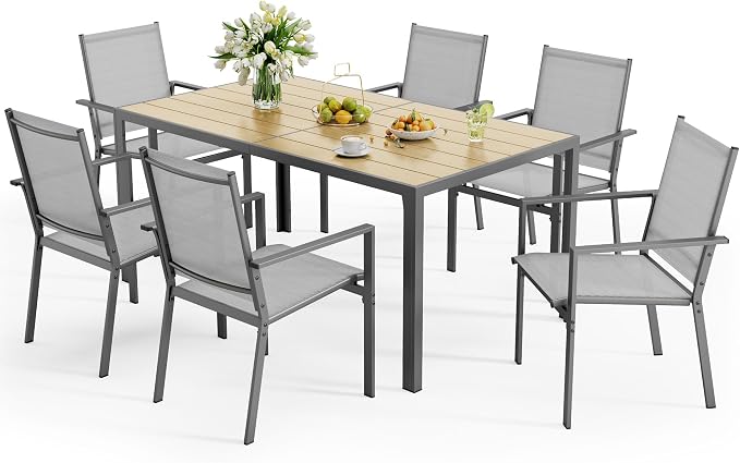 Ahomly Patio Table and Chairs Set for 6, Outdoor Dining Set Includes 59.5" Rectangle Patio Table with Side Umbrella Hole and 6 Textilene Fabric Patio Chairs for Courtyard, Backyard, Pool, Grey&Brown