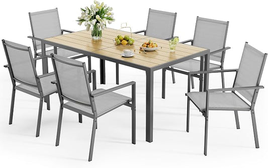 Ahomly Patio Table and Chairs Set for 6, Outdoor Dining Set Includes 59.5" Rectangle Patio Table with Side Umbrella Hole and 6 Textilene Fabric Patio Chairs for Courtyard, Backyard, Pool, Grey&Brown