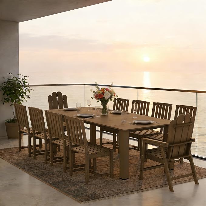11 Piece Outdoor Dining Table for 10, HDPE Patio Furniture, Brown | 89.4” table,Large family 10 person dining set, mixed chair eco-friendly HDPE, heat and moisture resistant for outdoor dining