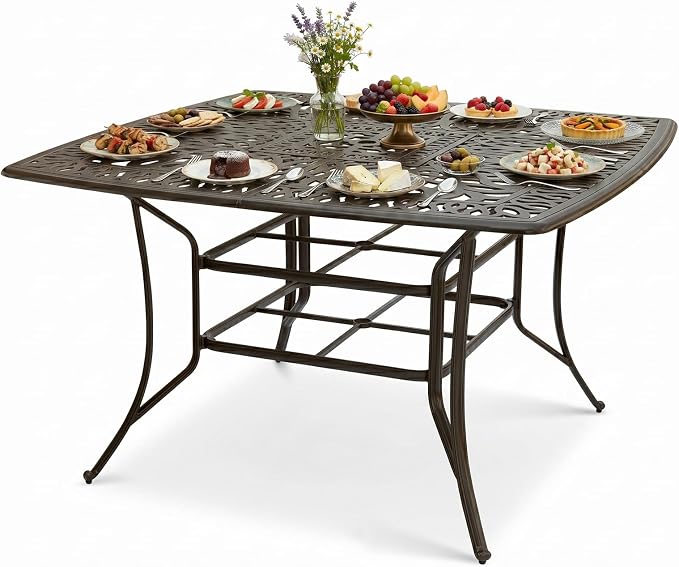 VIVIJASON 64" Square Patio High Bar Table for 8, Outdoor Large High Dining Table with 2.2" Umbrella Hole, Weather-Resistant Patio Dining Table for Deck Garden Backyards, Dark Bronze