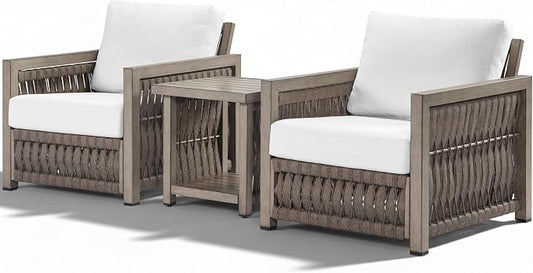 3-Piece Patio Furniture Set, Aluminum Patio Bistro Set with Washable Cushions, Rope Weave Patio Conversation Set with Side Table, Outdoor Furniture Set for Garden, Balcony, Deck, Gray Oak