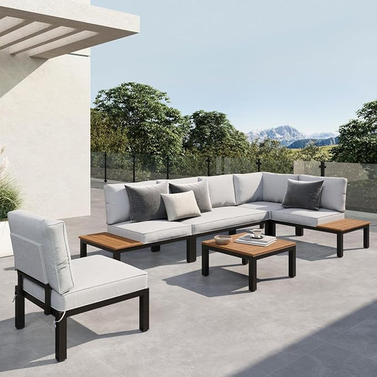 Sophia & William 6 Pieces Patio Furniture Set with Cushion, Metal Outdoor Sectional Sofa, Patio Conversation Sets with Wood Side Table, Modular Outdoor Seating Furniture for Backyard Deck Front Porch