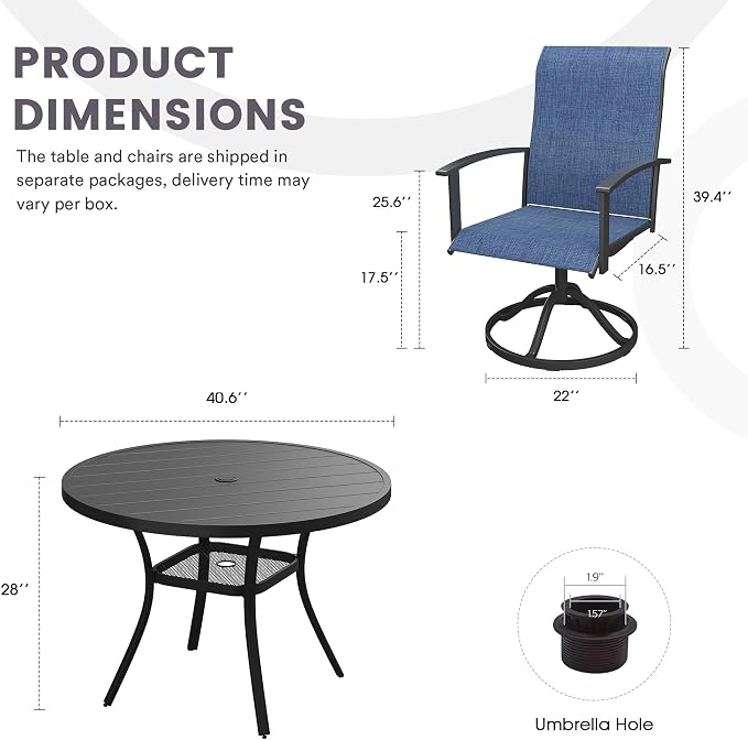 5 Pieces Outdoor Patio Dining Set, 40.6" All Weather Round Metal Table with Umbrella Hole and Storage Shelf, 4 High Back Textilene Swivel Chairs for Garden, Lawn, Black Table & Blue Chairs