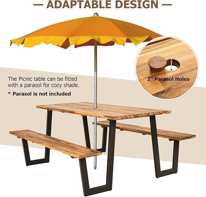 S AFSTAR 70" Outdoor Picnic Table, Heavy Duty Wooden Table and Bench Set with Umbrella Hole, All-Weather Acacia Wood Picnic Tables for 6, Garden, Backyard, Porch, Patio