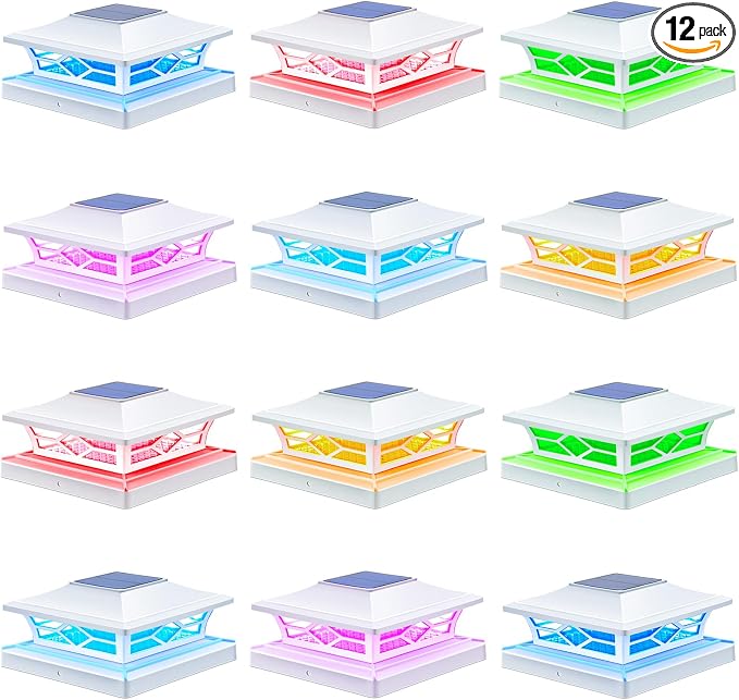 APONUO Solar Post Cap Lights with 8 RGB Colors and Multicolor Flow, Ultra-Bright Clear Lens, IP65 Waterproof for 4x4 5x5 6x6 Wood & Vinyl Fence Posts, 12 Pack White