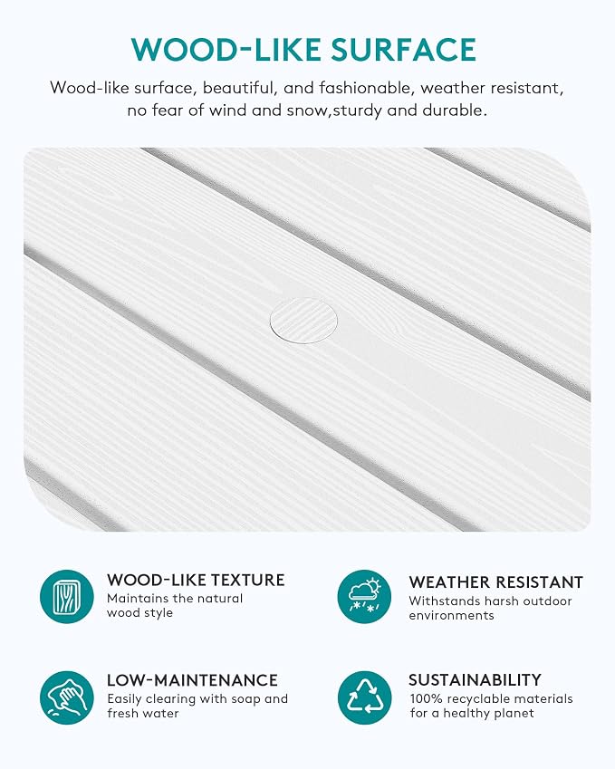SERWALL Outdoor Coffee Table with 1.69" Umbrella Hole, HDPE Patio Coffee Table for Outside, Rectangle, White