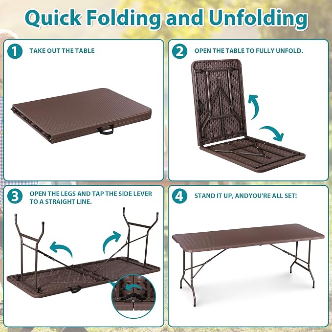 SUPER DEAL 6FT Folding Table for Indoor Outdoor, Portable Heavy Duty Fold-in-Half Plastic Dining Picnic Party Camping Table with Carrying Handle, Brown