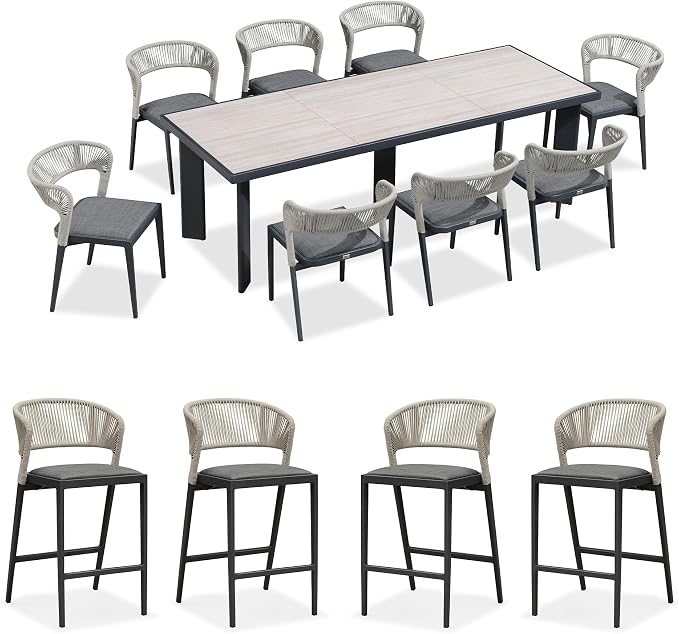 PURPLE LEAF 9 Pieces Outdoor Dining Set Patio Table and Chairs Set Aluminum Wicker Rattan Patio Furniture Set for Lawn Garden Porch Beige Marble Color Outdoor Set with Counter Stools