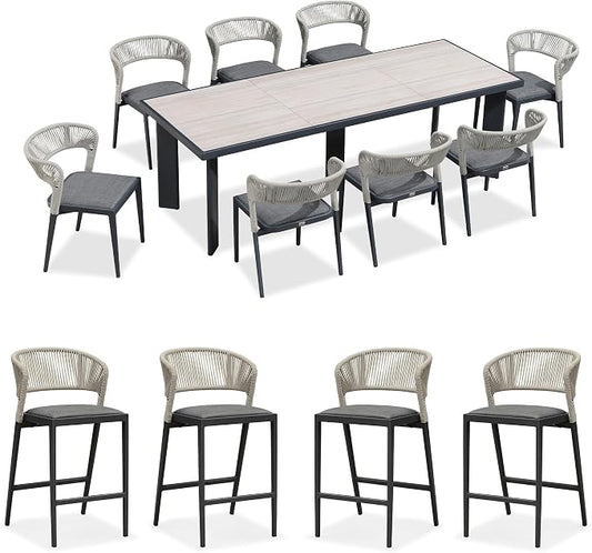 PURPLE LEAF 9 Pieces Outdoor Dining Set Patio Table and Chairs Set Aluminum Wicker Rattan Patio Furniture Set for Lawn Garden Porch Beige Marble Color Outdoor Set with Counter Stools