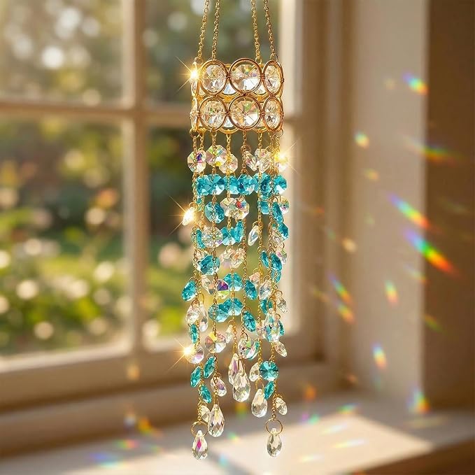 Crystal Suncatchers for Window Hanging Decor, Prism Rainbow Maker with Chain & Hook, Ornament for Ceiling, Garden, Home, Indoor & Outdoor Decoration, Blue