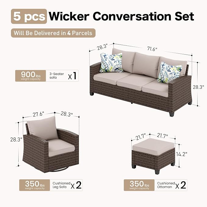 SUNSHINE VALLEY Swivel Glider Patio Furniture Set Outdoor Furniture Brown Wicker Rattan Patio Conversation Sets with Cushion Outside Sofa Set,5 Pieces 7 Seats,Beige