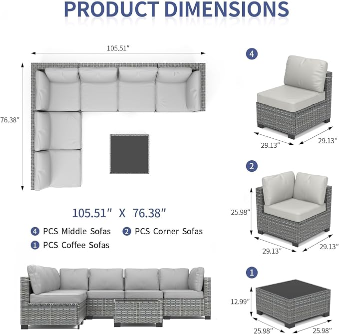 Garvee Patio Furniture Set, 7-Piece Outdoor Couches for Patio, Wicker Sectional Sofa with Coffee Table & Cushions