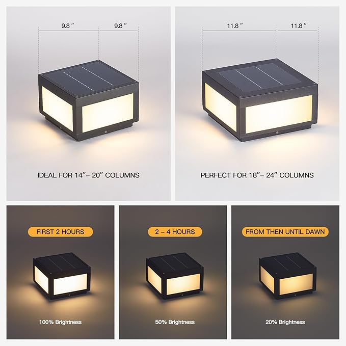 MVBT Square Solar Post Lights, 10" Column Light, 3000K Pillar Light Outdoor | Modern Column Lamp Waterproof, Dusk to Dawn Post Lantern, Stainless Steel Gate Post Light for Outside Patio Yard Fence Deck