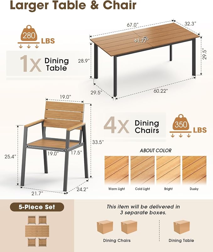 Outdoor Dining Set for 4, Aluminum Patio HDPS Outdooor Table and Chairs Set with Umbrella Hole, All Weather Patio Furniture Set, 5 Peice Patio Dining Table Set (Gray & Teak)