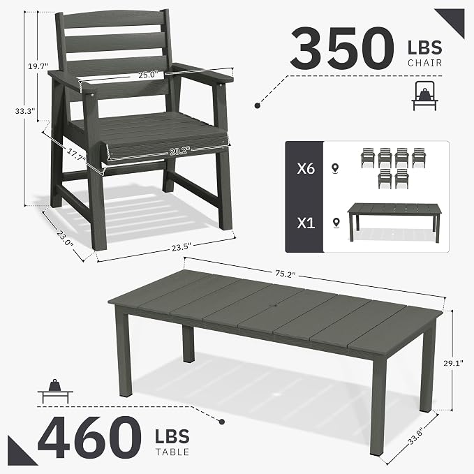 AreShark 7-Piece Outdoor Dining Set,HDPE Patio Table with 6 Armchairs,All-Weather Patio Furniture Set with Umbrella Hole,Low Maintenance Wood Grain Dining Set for Backyard,Garden,Poolside,Black
